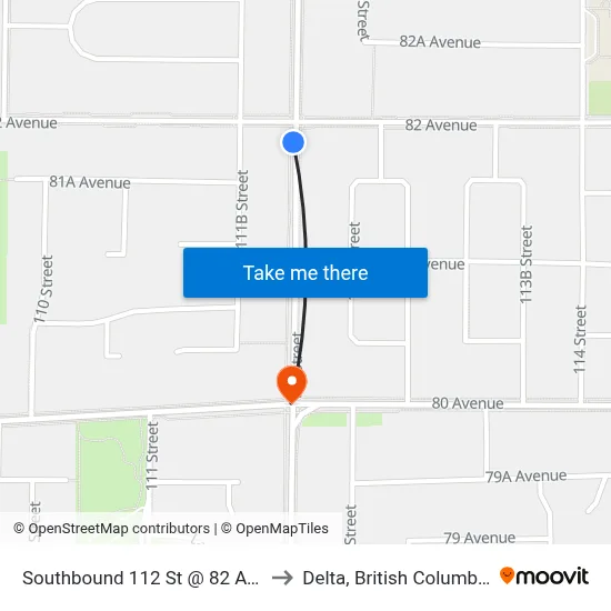 Southbound 112 St @ 82 Ave to Delta, British Columbia map