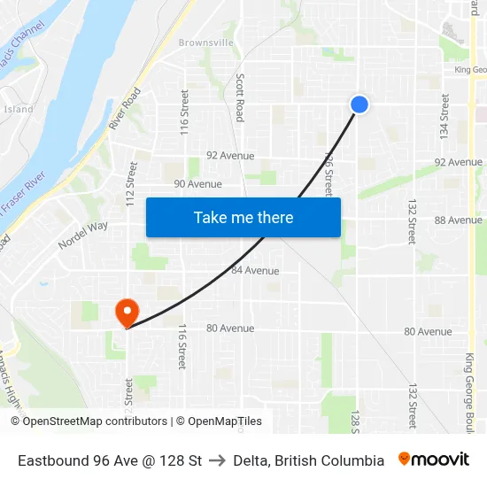 Eastbound 96 Ave @ 128 St to Delta, British Columbia map
