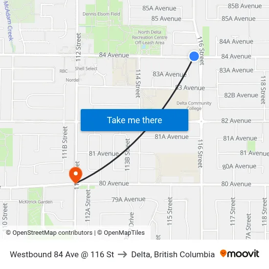 Westbound 84 Ave @ 116 St to Delta, British Columbia map