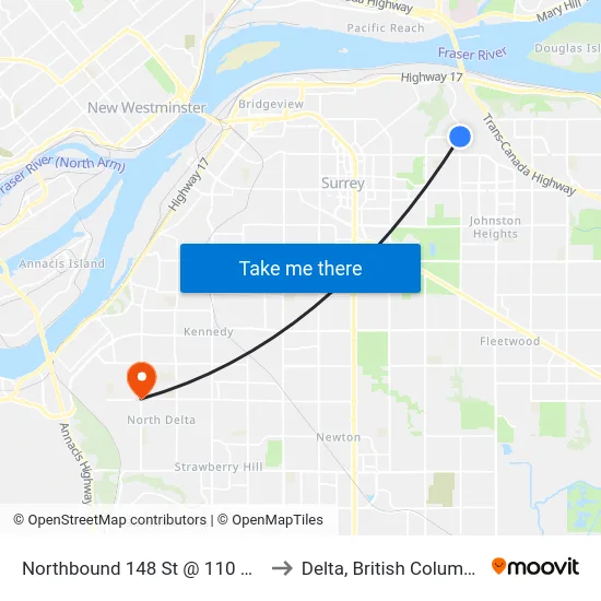 Northbound 148 St @ 110 Ave to Delta, British Columbia map