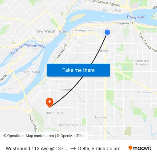 Westbound 113 Ave @ 137 St to Delta, British Columbia map