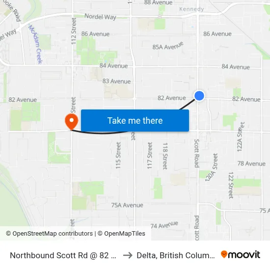 Northbound Scott Rd @ 82 Ave to Delta, British Columbia map