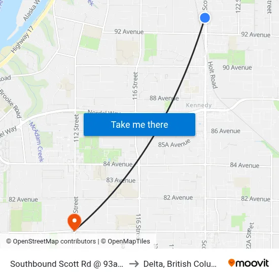 Southbound Scott Rd @ 93a Ave to Delta, British Columbia map