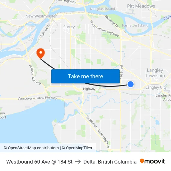 Westbound 60 Ave @ 184 St to Delta, British Columbia map