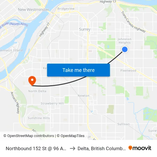 Northbound 152 St @ 96 Ave to Delta, British Columbia map