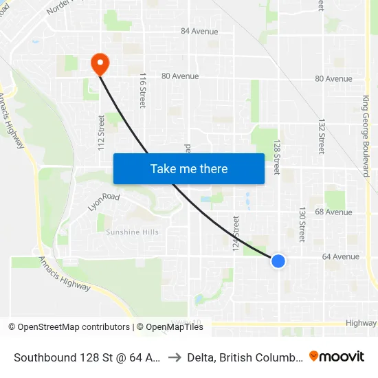 Southbound 128 St @ 64 Ave to Delta, British Columbia map