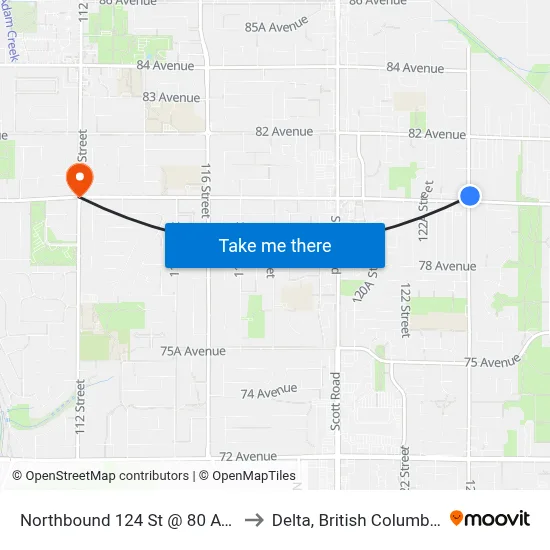 Northbound 124 St @ 80 Ave to Delta, British Columbia map
