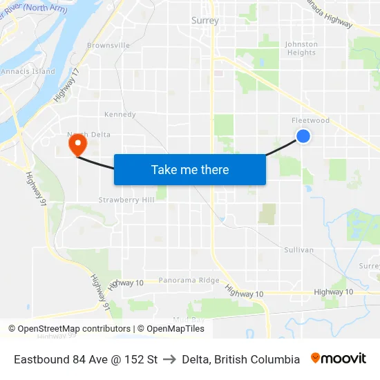 Eastbound 84 Ave @ 152 St to Delta, British Columbia map