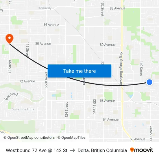 Westbound 72 Ave @ 142 St to Delta, British Columbia map