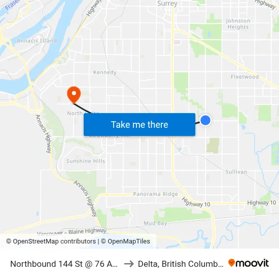 Northbound 144 St @ 76 Ave to Delta, British Columbia map