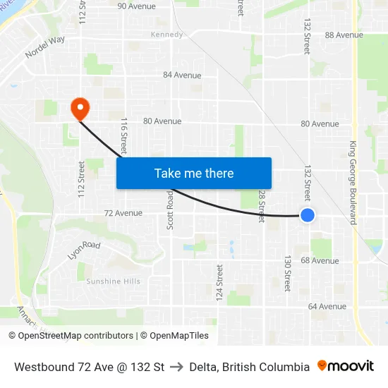 Westbound 72 Ave @ 132 St to Delta, British Columbia map