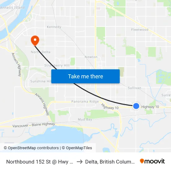 Northbound 152 St @ Hwy 10 to Delta, British Columbia map