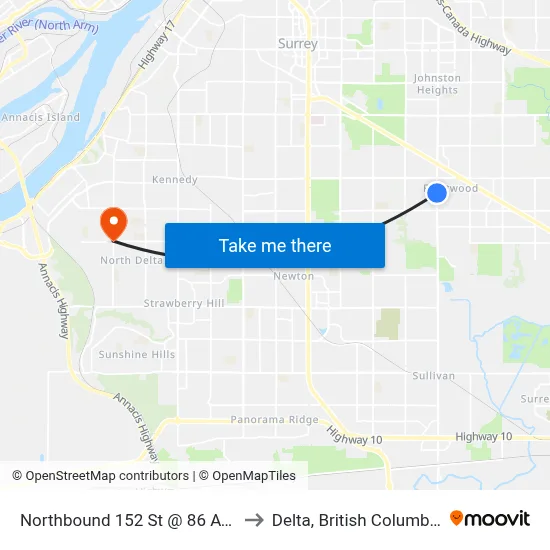 Northbound 152 St @ 86 Ave to Delta, British Columbia map