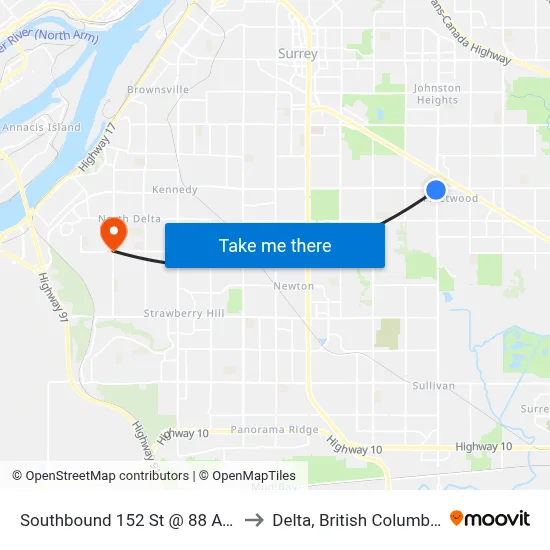 Southbound 152 St @ 88 Ave to Delta, British Columbia map