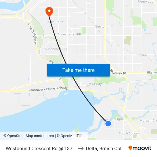 Westbound Crescent Rd @ 13700 Block to Delta, British Columbia map