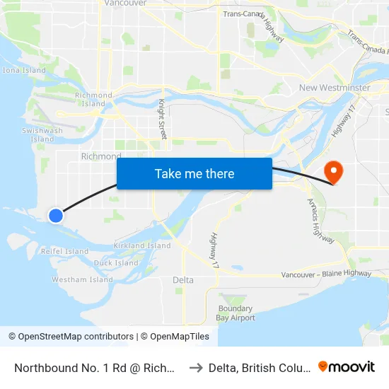 Northbound No. 1 Rd @ Richmond St to Delta, British Columbia map