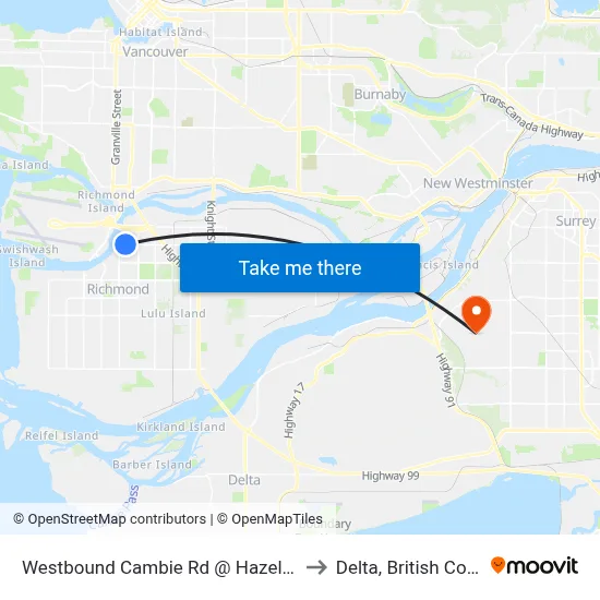Westbound Cambie Rd @ Hazelbridge Way to Delta, British Columbia map