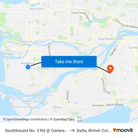 Southbound No. 3 Rd @ General Currie Rd to Delta, British Columbia map