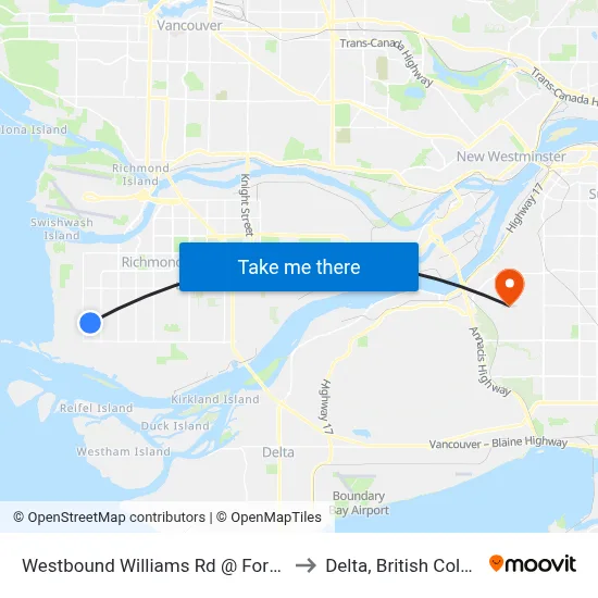 Westbound Williams Rd @ Fortune Ave to Delta, British Columbia map
