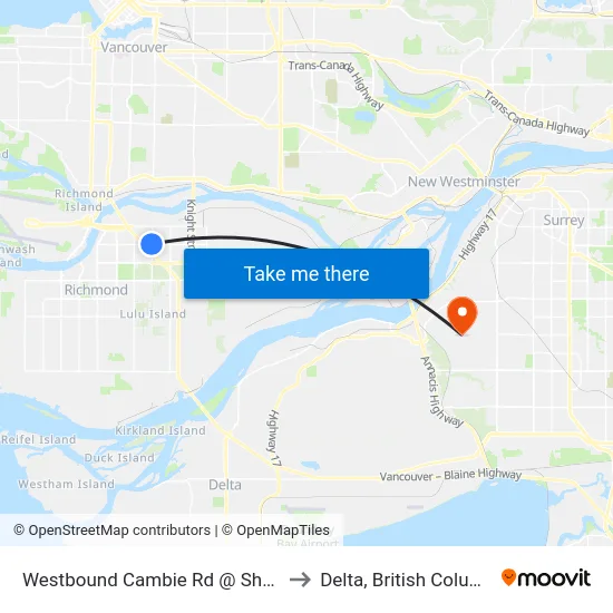 Westbound Cambie Rd @ Shell Rd to Delta, British Columbia map