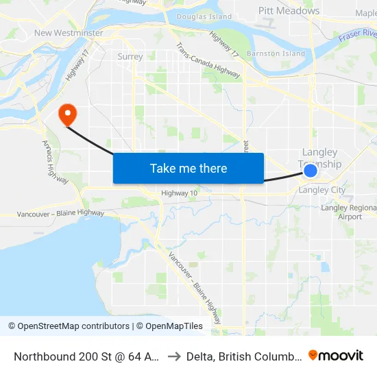 Northbound 200 St @ 64 Ave to Delta, British Columbia map