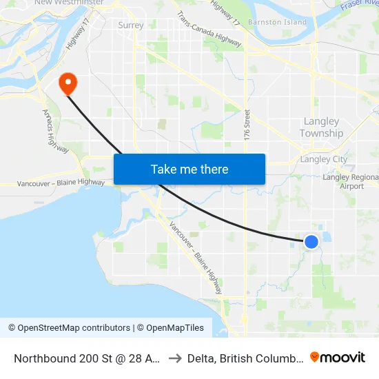 Northbound 200 St @ 28 Ave to Delta, British Columbia map