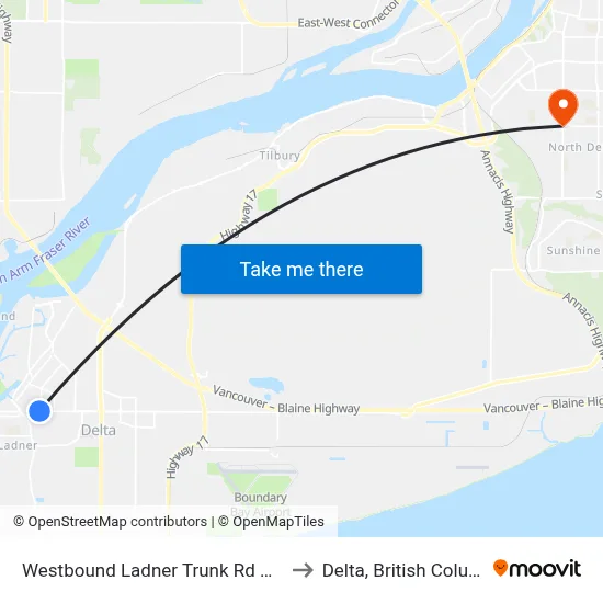 Westbound Ladner Trunk Rd @ 53 St to Delta, British Columbia map