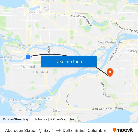 Aberdeen Station @ Bay 1 to Delta, British Columbia map