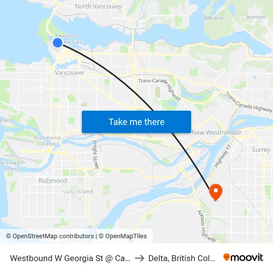 Westbound W Georgia St @ Cardero St to Delta, British Columbia map