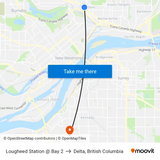 Lougheed Station @ Bay 2 to Delta, British Columbia map