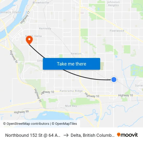 Northbound 152 St @ 64 Ave to Delta, British Columbia map