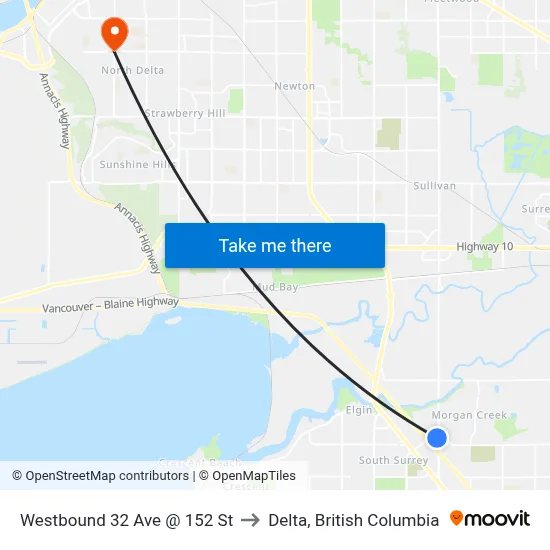 Westbound 32 Ave @ 152 St to Delta, British Columbia map