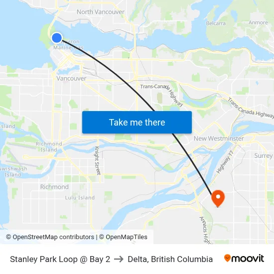 Stanley Park Loop @ Bay 2 to Delta, British Columbia map
