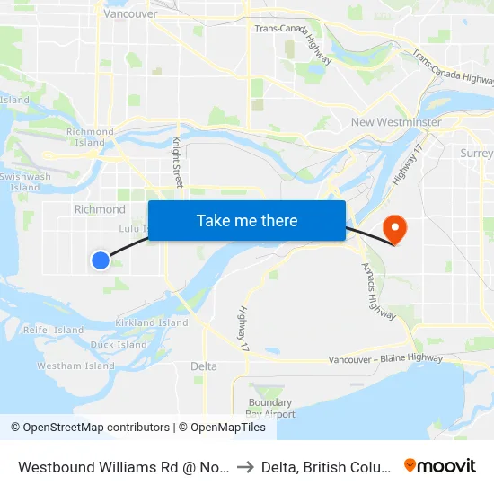 Westbound Williams Rd @ No. 3 Rd to Delta, British Columbia map