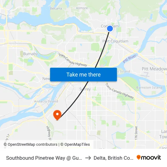 Southbound Pinetree Way @ Guildford Way to Delta, British Columbia map