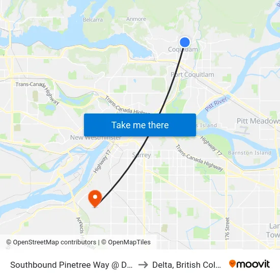 Southbound Pinetree Way @ David Ave to Delta, British Columbia map