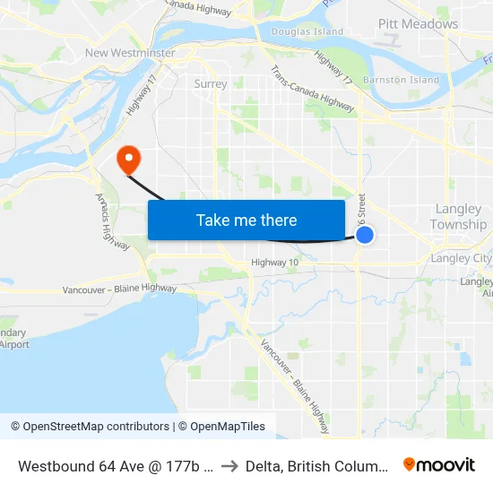 Westbound 64 Ave @ 177b St to Delta, British Columbia map