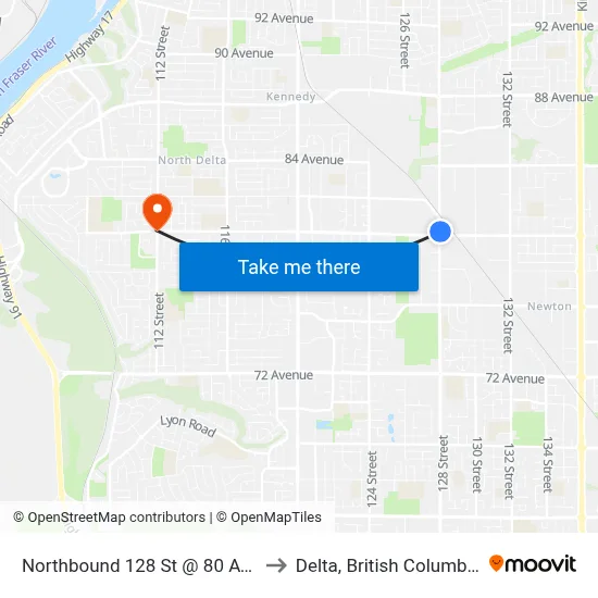 Northbound 128 St @ 80 Ave to Delta, British Columbia map