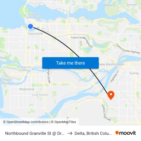 Northbound Granville St @ Drake St to Delta, British Columbia map