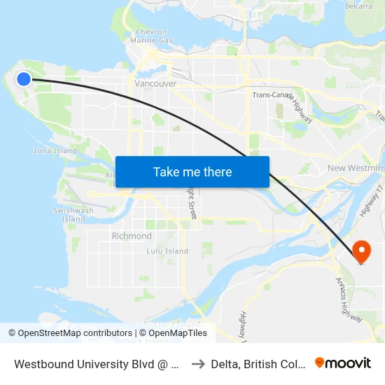 Westbound University Blvd @ Allison Rd to Delta, British Columbia map