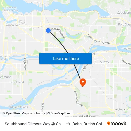 Southbound Gilmore Way @ Canada Way to Delta, British Columbia map