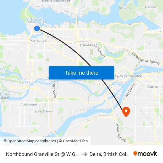 Northbound Granville St @ W Georgia St to Delta, British Columbia map