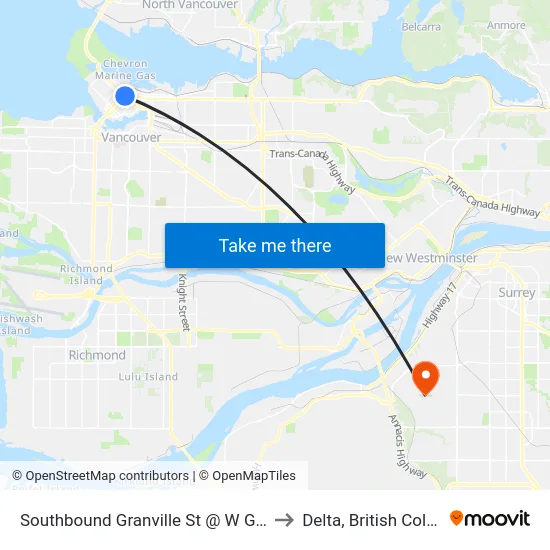 Southbound Granville St @ W Georgia St to Delta, British Columbia map