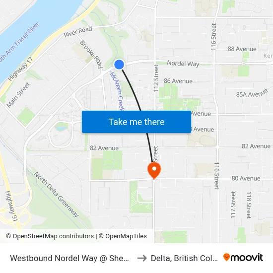 Westbound Nordel Way @ Shepherd Way to Delta, British Columbia map