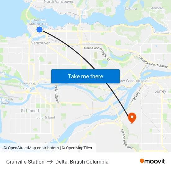 Granville Station to Delta, British Columbia map