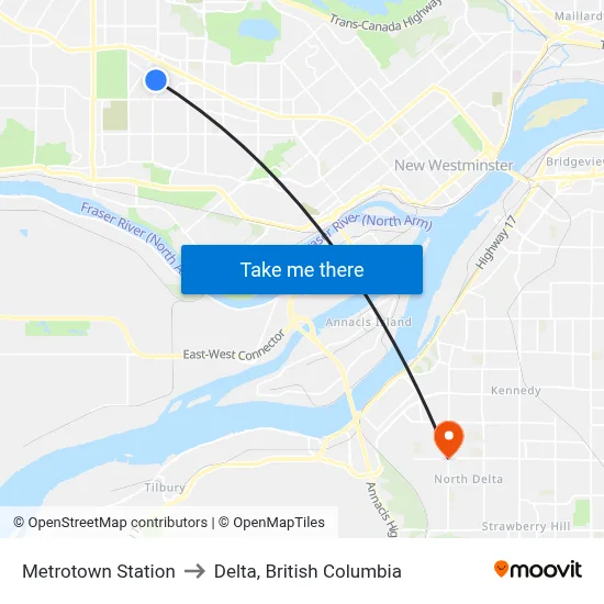 Metrotown Station to Delta, British Columbia map