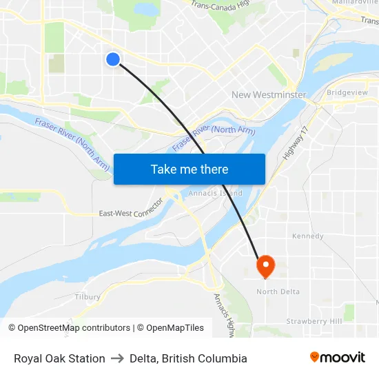 Royal Oak Station to Delta, British Columbia map