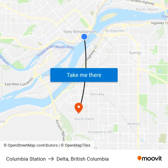 Columbia Station to Delta, British Columbia map