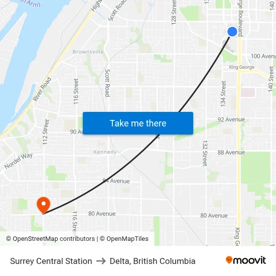 Surrey Central Station to Delta, British Columbia map