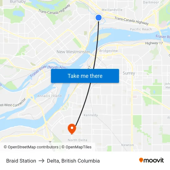 Braid Station to Delta, British Columbia map